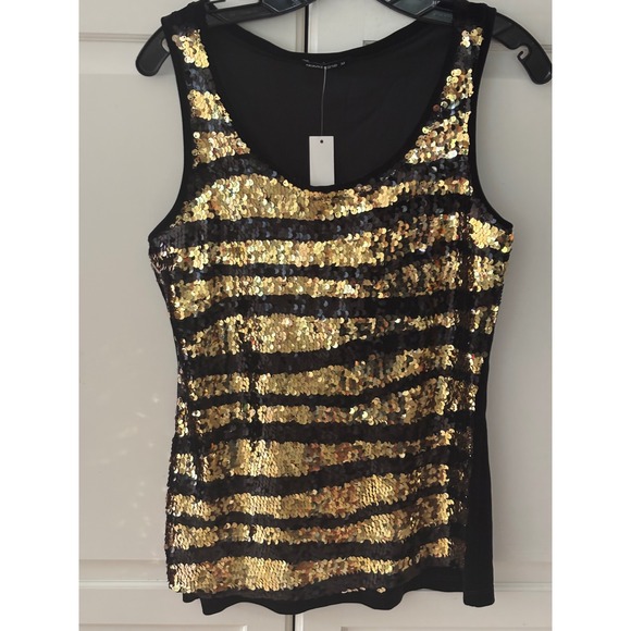 NWT David Cline Sequin Tank Top Sleeveless Party Sparkle Black Gold Medium - Picture 1 of 9